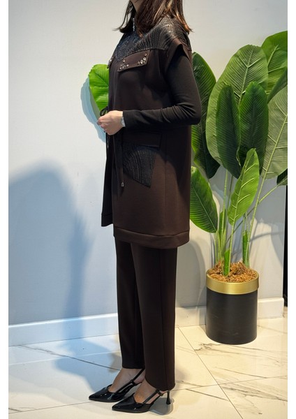 Kadın Yelek Pantolon Jakar Detay Takım 7303 Kahverengi fırsatları