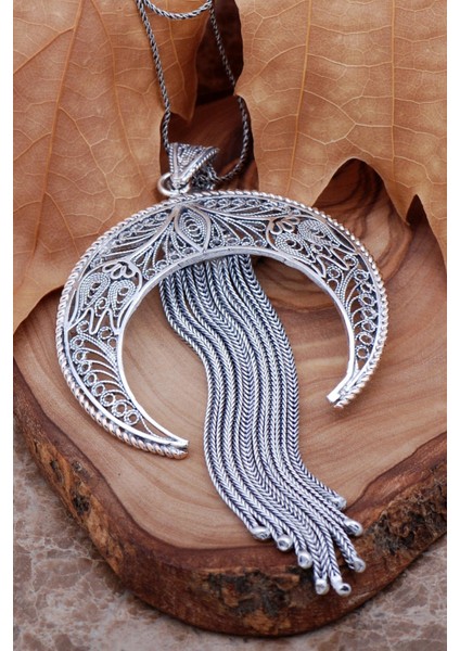 Telkari İşlemeli Ay Tasarımlı Gümüş Kolye 6786