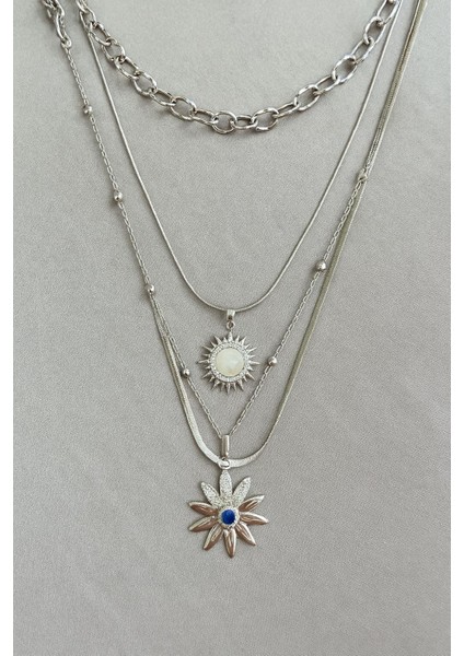 Çelik Gümüş 4`lü Kombin Çiçek Güneş Kolye