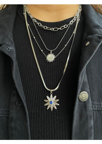 Çelik Gümüş 4`lü Kombin Çiçek Güneş Kolye fiyatları