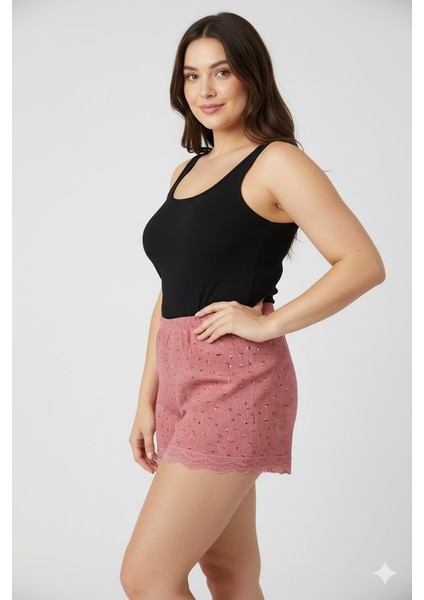 Düz Renk Mini Çiçek Desenli Penye Kadın Ev Şortu Bacak Dantel Detaylı Ev Giyim Pembe modelleri