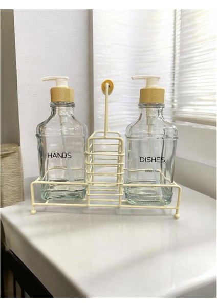 Savor Metal Standlı 2’li Cam Sıvı Sabunluk Seti – Şık, Dayanıklı ve Dekoratif