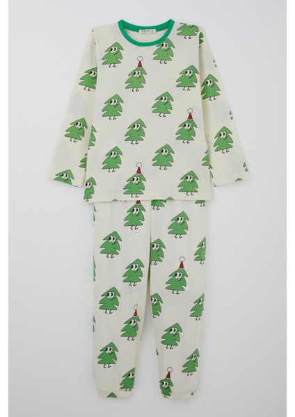 Erkek Çocuk Pijama Takımı Yılbaşı Temalı Gülümseyen Zıp Zıp Çamlar 4-8 Yaş, Krem