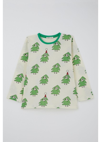 Erkek Çocuk Pijama Takımı Yılbaşı Temalı Gülümseyen Zıp Zıp Çamlar 4-8 Yaş, Krem fiyatları