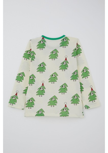 Erkek Çocuk Pijama Takımı Yılbaşı Temalı Gülümseyen Zıp Zıp Çamlar 4-8 Yaş, Krem fırsatları