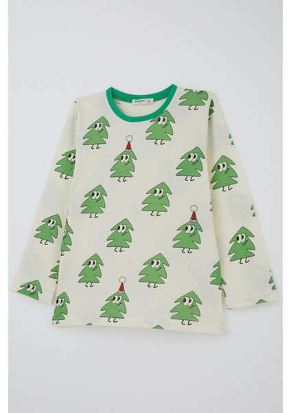Erkek Çocuk Pijama Takımı Yılbaşı Temalı Gülümseyen Zıp Zıp Çamlar 4-8 Yaş, Krem