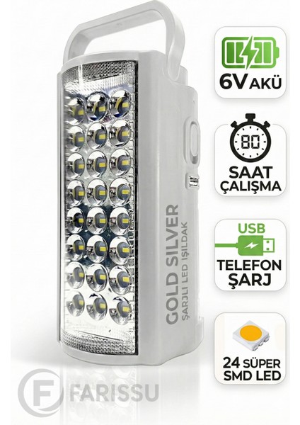 Gold Silver GS-2400 Şarjlı 24 LED Işıldak & Powerbank - 80 Saat Aydınlatma (Telefon Şarj Eder)