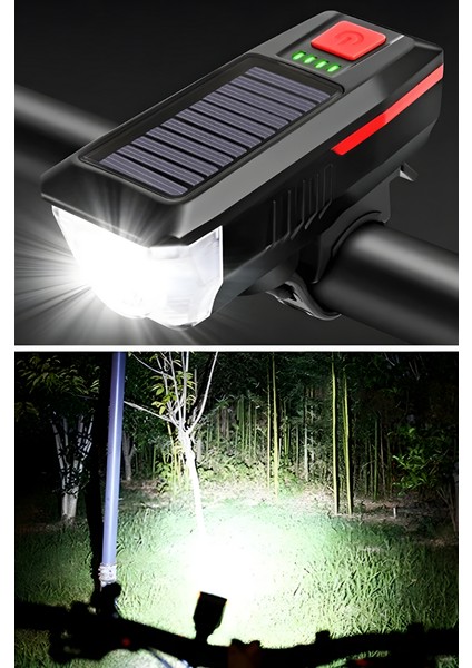 Mytechcat® Solar Enerjili USB ile Şarj Edilebilir Ledli Bisiklet Feneri Kornalı ve Su Geçirmez Far