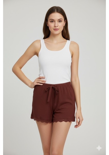 Bambu Fitilli Kadın Ev Şortu Bacak Dantel Detaylı Ev Giyim Koyu Taba