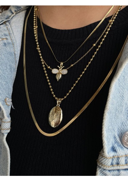 Vip Çelik Italyan Ezme Zirkon Taşlı Arı ve Kelebek Madalyon Model 4`lü Kombin Kolye