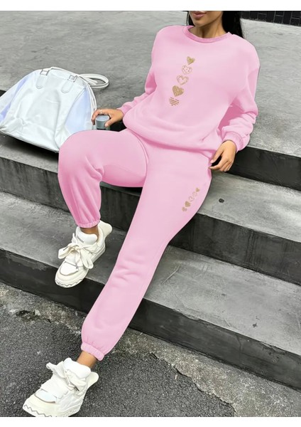 Punıx Büyük Beden Özel Tasarım Beş Kalp Baskılı Yuvarlak Yaka %100 Pamuk Kışlık Modern Kadın Eşofmantakımı