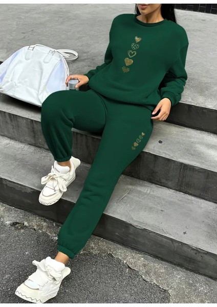 Punıx Büyük Beden Özel Tasarım Beş Kalp Baskılı Yuvarlak Yaka %100 Pamuk Kışlık Modern Kadın Eşofmantakımı