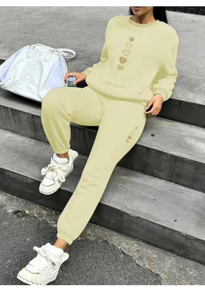 Punıx Büyük Beden Özel Tasarım Beş Kalp Baskılı Yuvarlak Yaka %100 Pamuk Kışlık Modern Kadın Eşofmantakımı