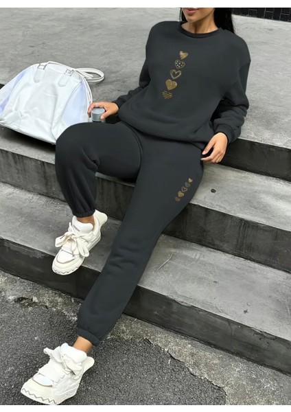 Punıx Büyük Beden Özel Tasarım Beş Kalp Baskılı Yuvarlak Yaka %100 Pamuk Kışlık Modern Kadın Eşofmantakımı