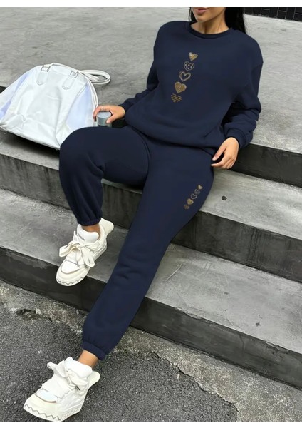 Punıx Büyük Beden Özel Tasarım Beş Kalp Baskılı Yuvarlak Yaka %100 Pamuk Kışlık Modern Kadın Eşofmantakımı