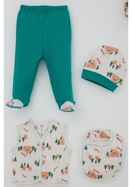 Erkek Bebek Hastane Çıkışı 8 Li Yılbaşı Temalı Çam & Ev Desenli 0-3 Ay, Krem indirimleri