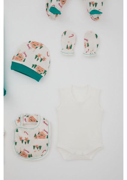 Erkek Bebek Hastane Çıkışı 8 Li Yılbaşı Temalı Çam & Ev Desenli 0-3 Ay, Krem