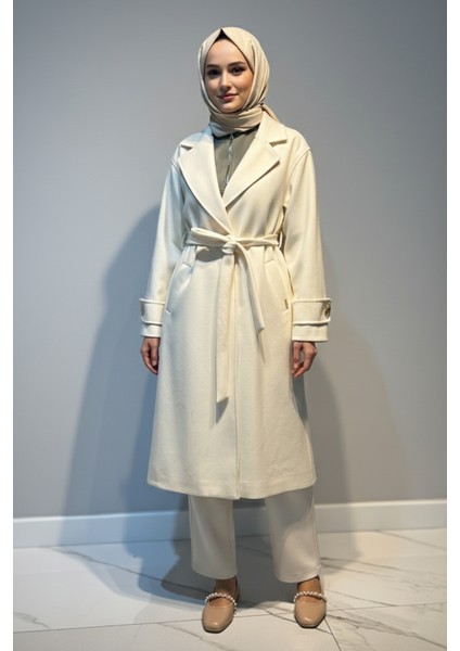 Kadın Düğme Detay Kaşmir Kaban 6346 Ekru