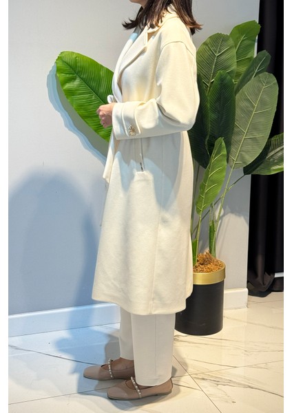 Kadın Düğme Detay Kaşmir Kaban 6346 Ekru modelleri