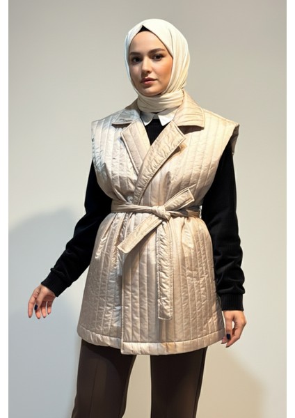 Kapitone Kuşak Detay Yelek 51258 Bej