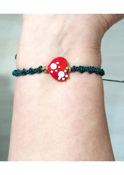 Hematit Doğaltaşlı Murano Cam Kalp Pati Koyu Yeşil Makrome Yılbaşı Bileklik