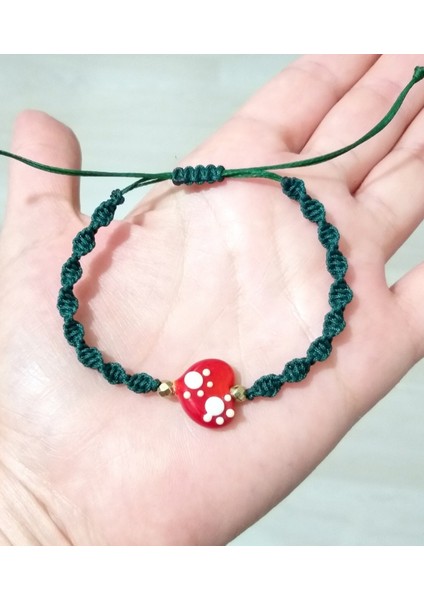 Hematit Doğaltaşlı Murano Cam Kalp Pati Koyu Yeşil Makrome Yılbaşı Bileklik