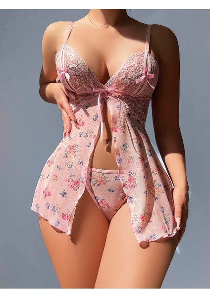 Arias Closet Pembe Dantel Işlemeli Çiçek Desenli Fantezi Gecelik