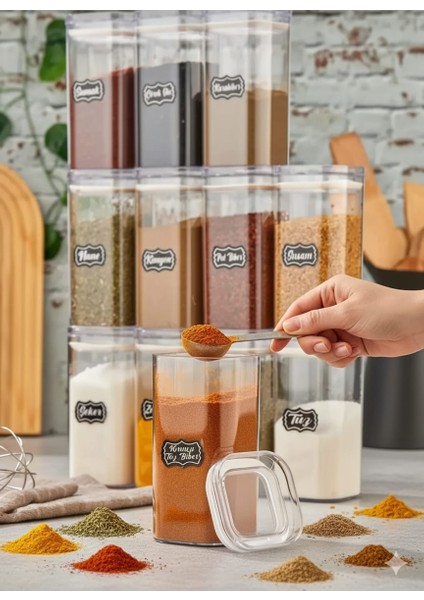 12'li 300ML Vakumlu Kapak Baharatlık Takımı - Sızdırmaz Conta - 25 Adet Etiket Hediyeli