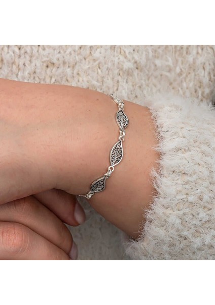 Gümüş Telkari Yaprak Desenli Kadın Bileklik fırsatları