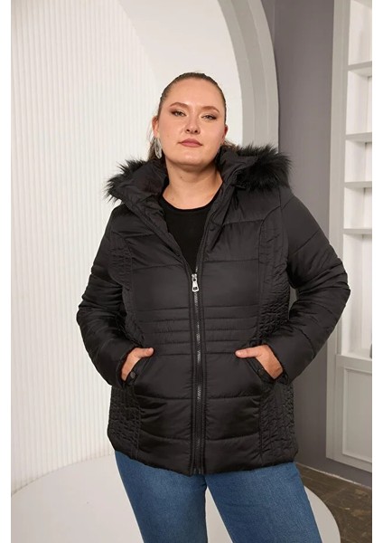 Kapşonlu Büyük Beden Siyah Kapitone Mont