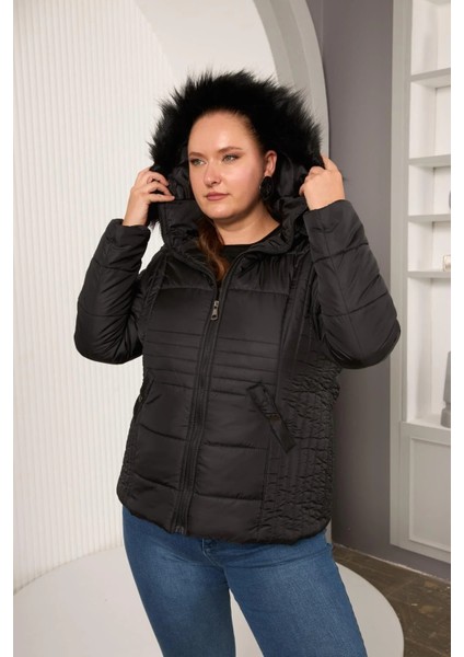 Kapşonlu Büyük Beden Siyah Kapitone Mont fırsatları