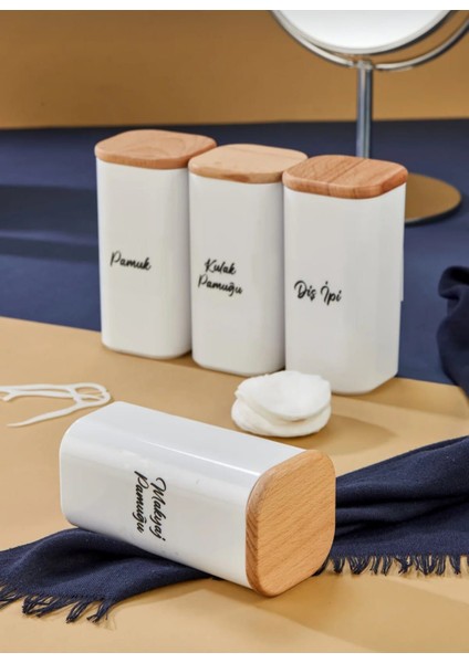 4'lü Ahşap Kapaklı Bambu Akrilik Diş Ipi & Kulak Pamuğu & Pamuk & Makyaj Pamuğu Banyo Seti 300 ml