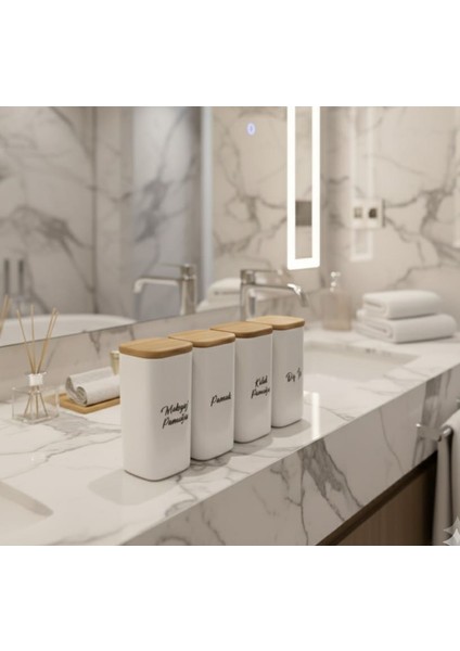 4'lü Ahşap Kapaklı Bambu Akrilik Diş Ipi & Kulak Pamuğu & Pamuk & Makyaj Pamuğu Banyo Seti 300 ml fiyatları