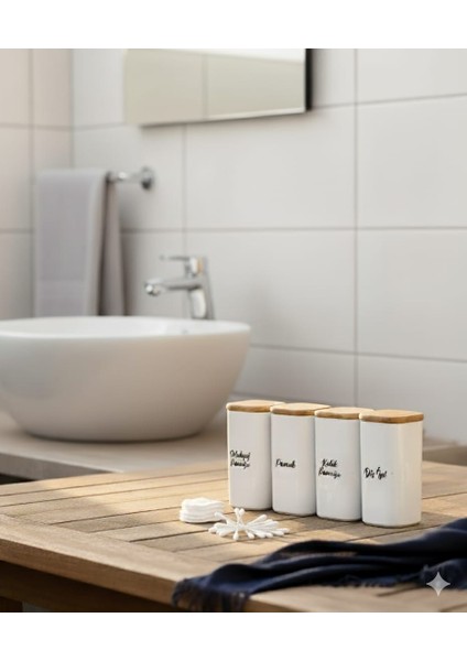 4'lü Ahşap Kapaklı Bambu Akrilik Diş Ipi & Kulak Pamuğu & Pamuk & Makyaj Pamuğu Banyo Seti 300 ml modelleri