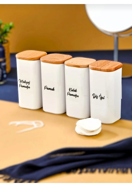 4'lü Ahşap Kapaklı Bambu Akrilik Diş Ipi & Kulak Pamuğu & Pamuk & Makyaj Pamuğu Banyo Seti 300 ml fırsatları