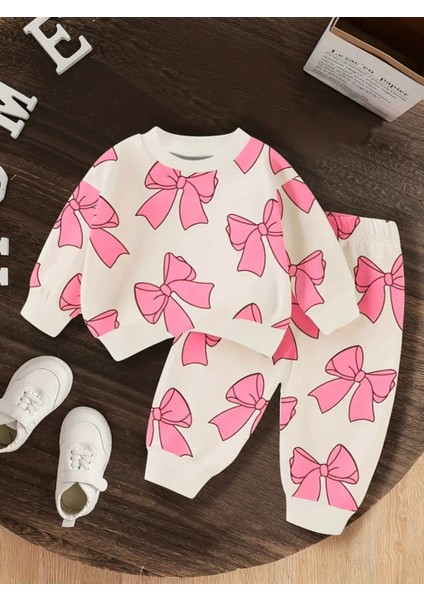 Özel Tasarım Yuvarlak Yaka Kurdeleler Baskılı %100 Pamuk Kışlık Kız Çocuk Trend Eşofman Takımı