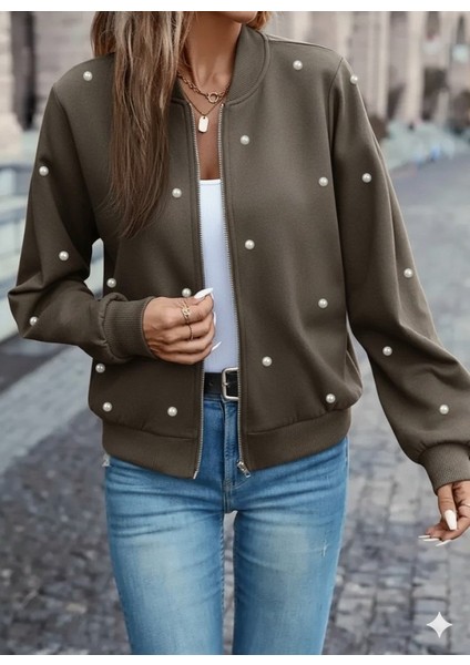 Kadın Uzun Kollu Önden Fermuarlı Incili Kısa Modal Ceket