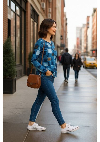 Kadın Uzun Kollu Yakadan Fermuarlı Kot Görünüm Desenli Uzun Modal Bluz fiyatları