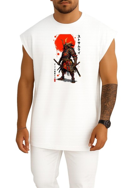 Oversize Japon Samurai Göğüs Baskılı Atlet