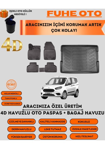 Ford Courier 2014-2023 4d Bagaj Havuzu+4d Araca Özel Paspas Takımı Luxury Serisi Üstün Koruma - Tam Uyumlu