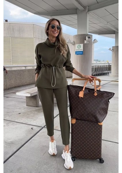 Kadın Uzun Kollu Balıkçı Yaka Belden Lastikli Modal Bluz ve Pantolon Ikili Takım