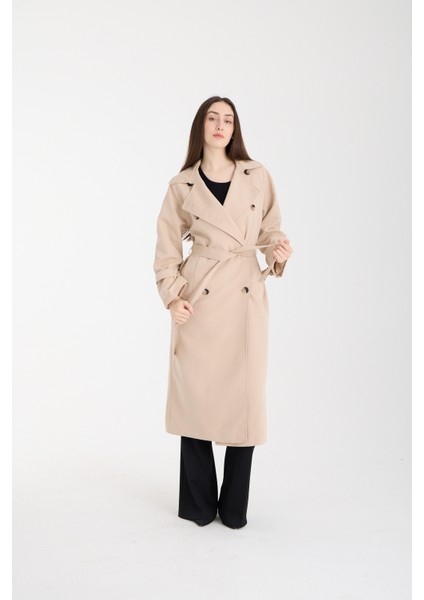 Bej Düğme Detaylı Oversize Kuşaklı Trençkot