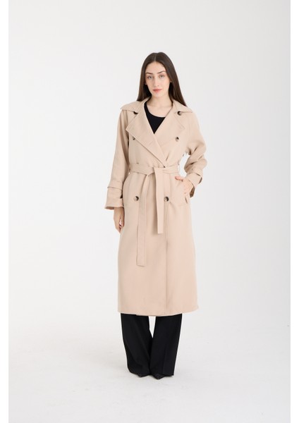 Bej Düğme Detaylı Oversize Kuşaklı Trençkot modelleri
