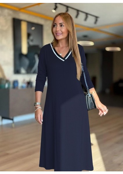 Kadın Uzun Kollu V Yakalı Midi Modal Elbise