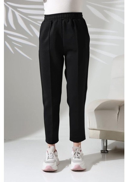 Kadın Uzun Kollu Dalıç Kumaş Cep Detay Beli Lastikli Ütüsüz Pantolon