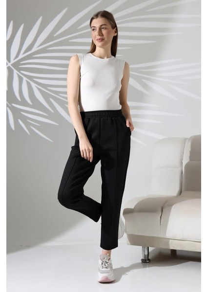 Kadın Uzun Kollu Dalıç Kumaş Cep Detay Beli Lastikli Ütüsüz Pantolon