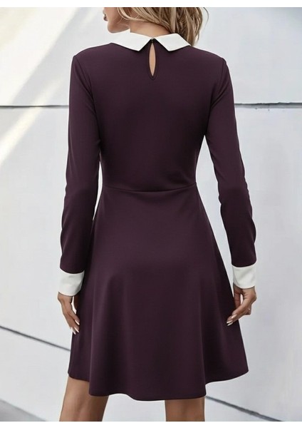 Kadın Uzun Kollu Yakalı Düğmeli Mürdüm Modal Mini Elbise modelleri