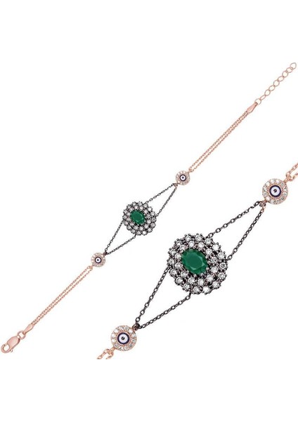 Gümüş Rose Mat Yeşil Taşlı Otantik Bayan Bileklik