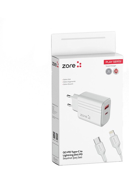 ​tekno Grup Zore Play Serisi PL08 Type-C To Lightning 2in1 Pd Seyahat Şarj Aleti 20W - Beyaz