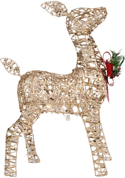Yılbaşı Süsü, Geyik, Şampanya - Metal, Işıklı, Simli, Kırmızı Fiyonkl
